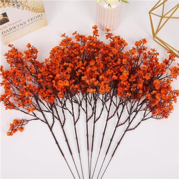 New 8Pcs Baby Breath Artificial Fake Fall Flowers, Real Touch Orange Plants Silk - Picture 6 of 6